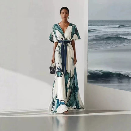 Womens V-Neck Digital Print Drawstring Dress