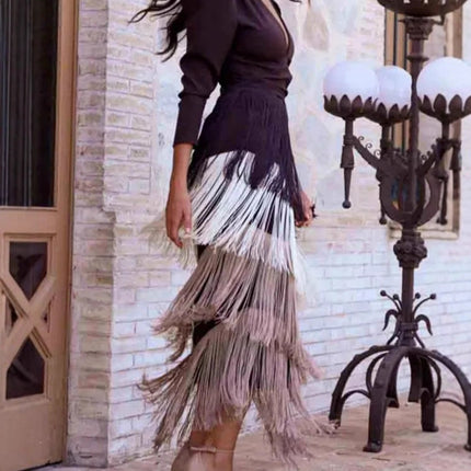 Deep V Neck Tassel Slim Long Dress
