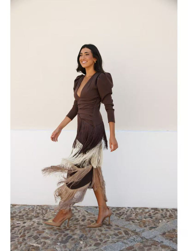 Deep V Neck Tassel Slim Long Dress