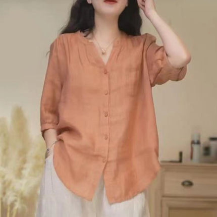 Womens Vintage Summer Cotton Linen V-Neck Loose Shirt