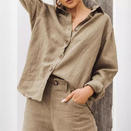 Womens Lapel Long Sleeve Cotton Linen Shirt