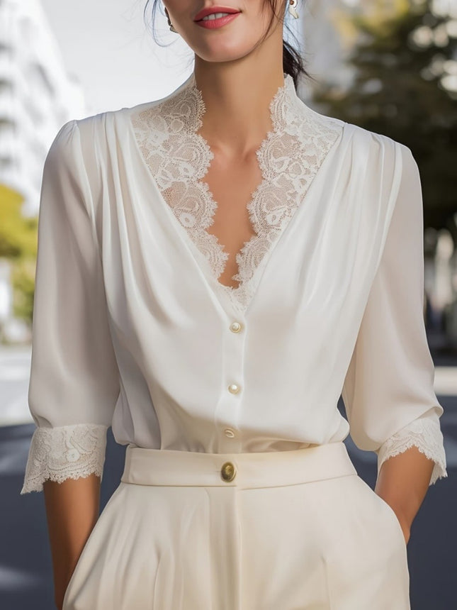 Womens Lace Splicing Three-Quarter Sleeve Blouse Shirt