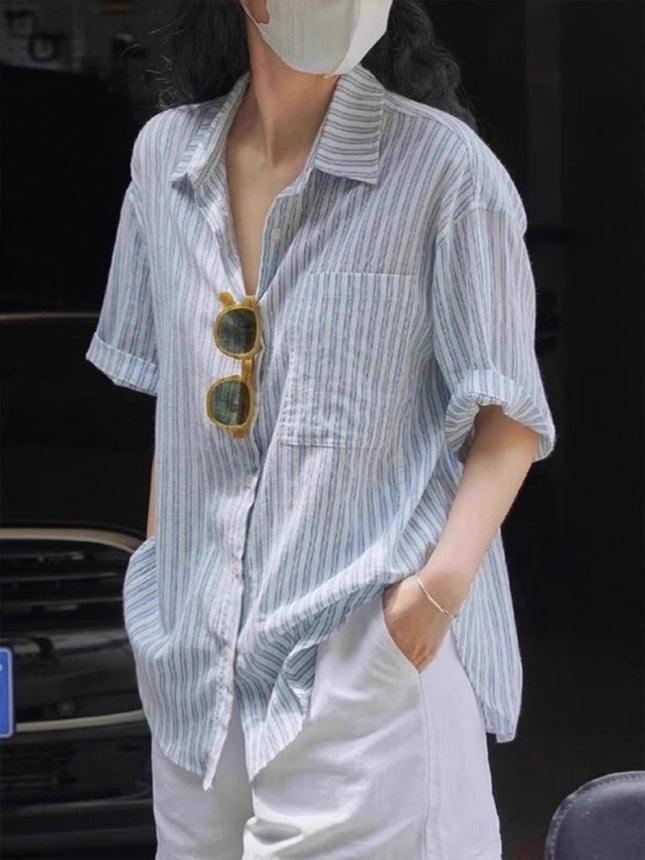 Blue White Striped Cotton Linen Short Sleeve Shirt