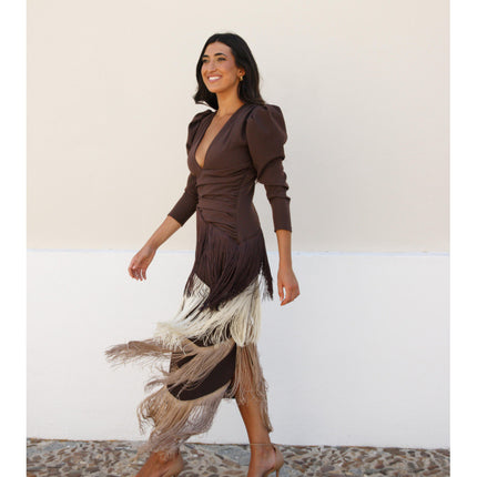 Deep V Neck Tassel Slim Long Dress
