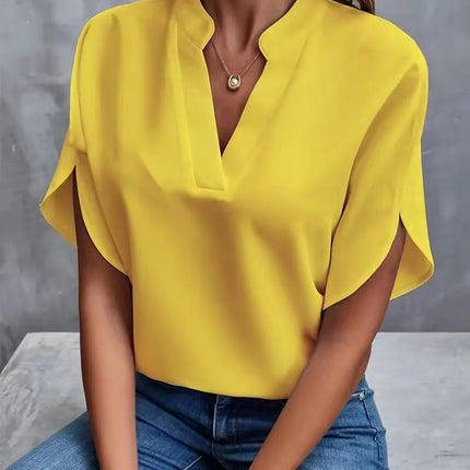 Women's Casual Solid Color V-Neck Loose Short Sleeve Blouse Summer Shirt Top