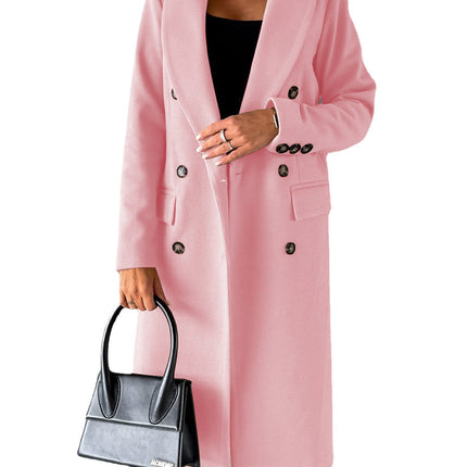 Womens Double-Breasted Wool Blend Coat with Pockets