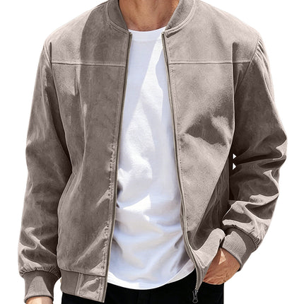 Mens Suede Zipper Jacket Retro Long Sleeve Casual Outerwear