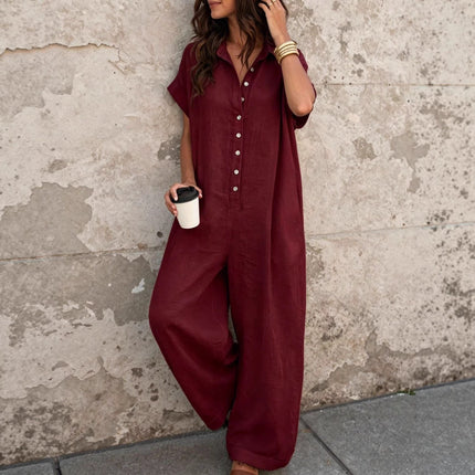 Short Sleeve Button Front Loose Fit Jumpsuit