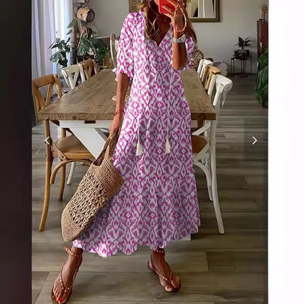 Womens V-Neck Printed Lantern Sleeve Dress