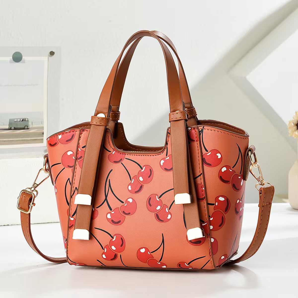 حقيبة نسائية كلاسيكية متعددة الاستخدامات، سلة خضراوات بنقشة الكرز، حقيبة يد