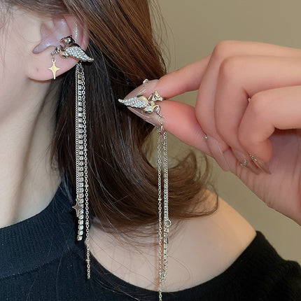 Zircon Star Moon Tassel Clip Earrings