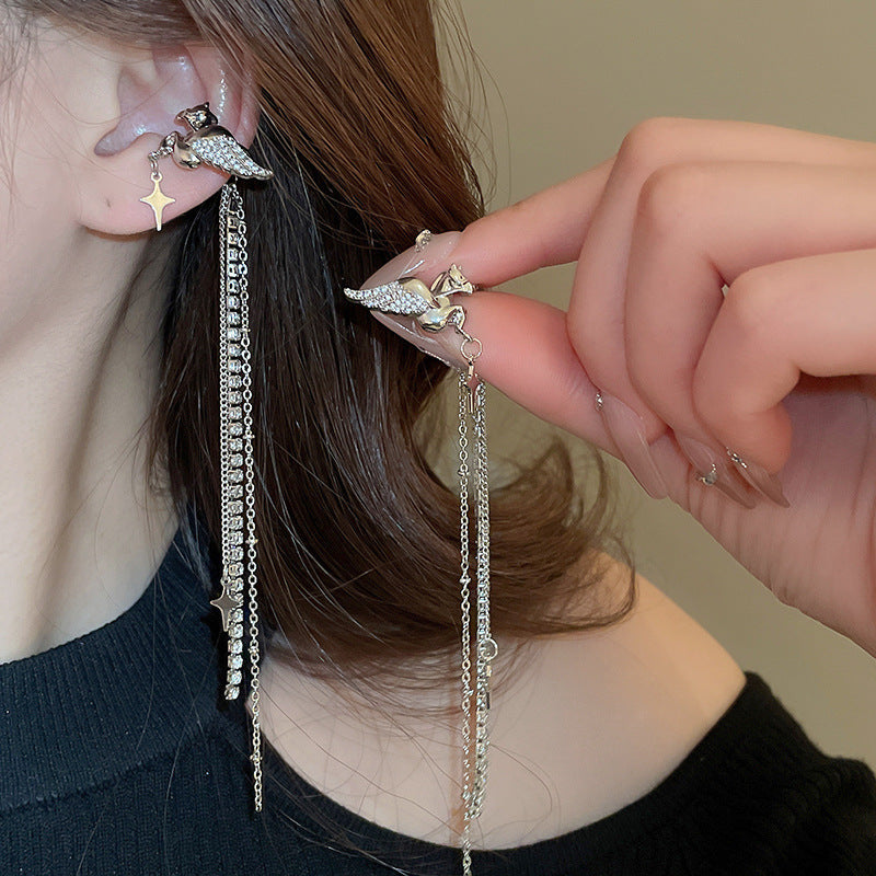 Zircon Star Moon Tassel Clip Earrings