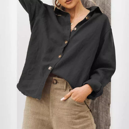 Womens Lapel Long Sleeve Cotton Linen Shirt