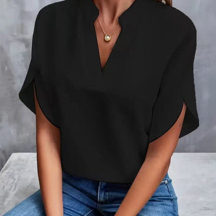 Women's Casual Solid Color V-Neck Loose Short Sleeve Blouse Summer Shirt Top