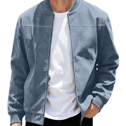 Mens Suede Zipper Jacket Retro Long Sleeve Casual Outerwear