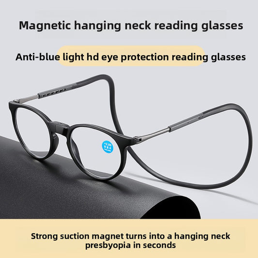 Hanging neck magnetic reading glasses