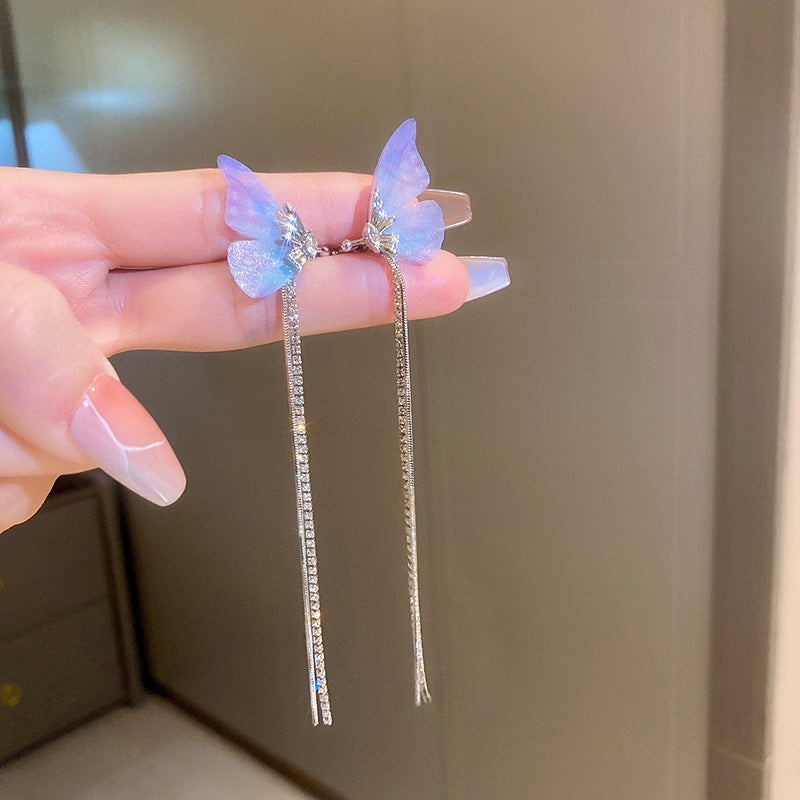 Zircon Star Moon Tassel Clip Earrings