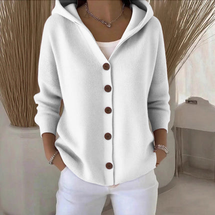Women's buttoned knitted hooded cardigan