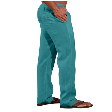 Mens Linen Cotton Drawstring Waist Casual Trousers