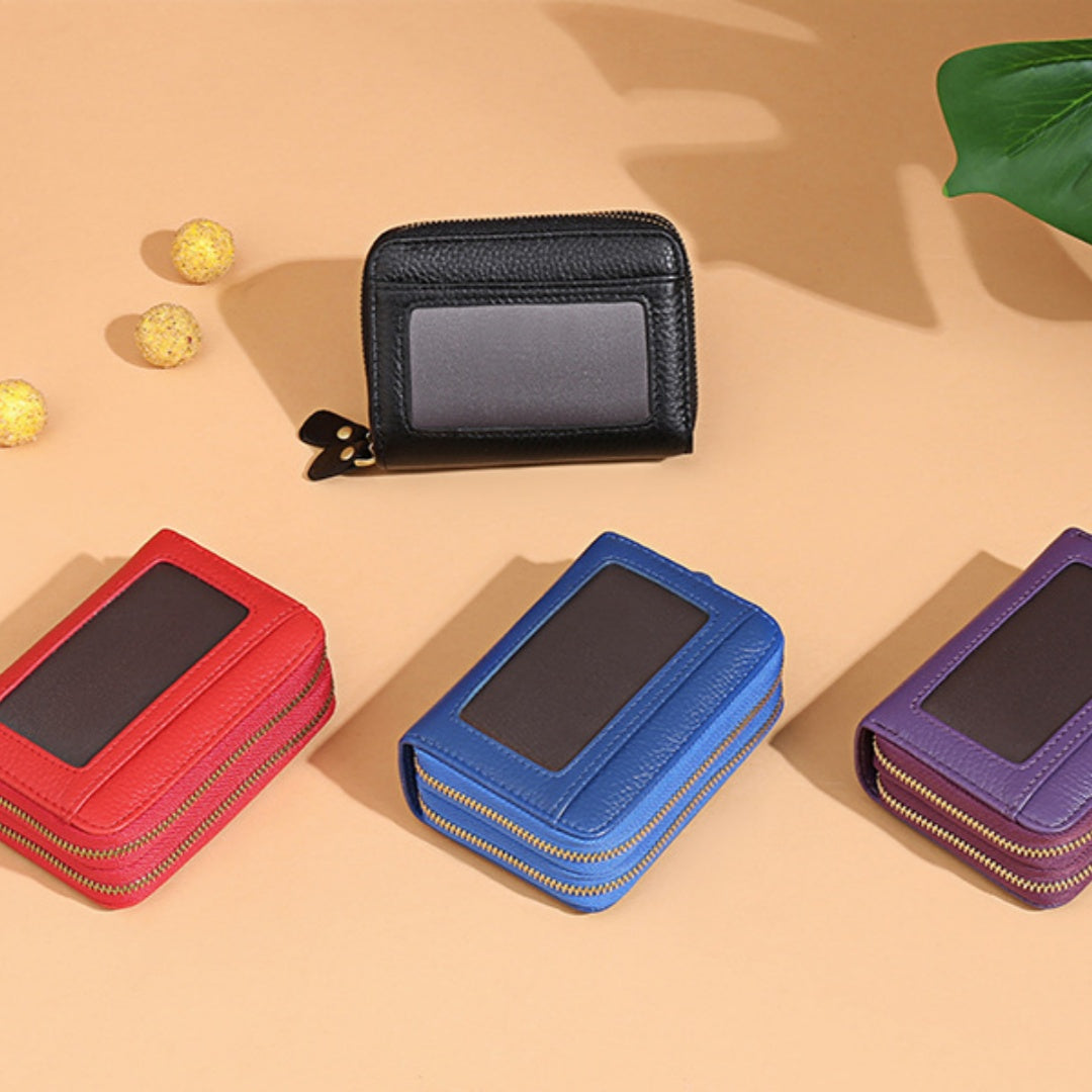 First Cowhide Double Layer Zipper Expanding Card Holder