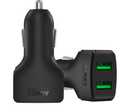 شاحن سيارة صغير عالمي من AUKEY مزود بمنفذي USB، شاحن سيارة، شاحن تلقائي، محول شحن للهواتف المحمولة