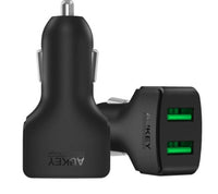شاحن سيارة صغير عالمي من AUKEY مزود بمنفذي USB، شاحن سيارة، شاحن تلقائي، محول شحن للهواتف المحمولة