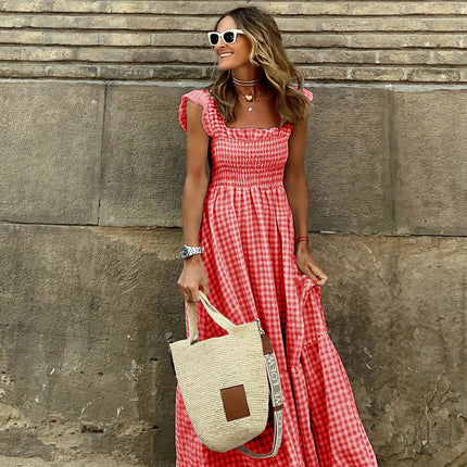 Summer Stylish Women's Patchwork Plaid Strap Elastic Flared Dress