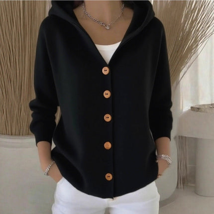 Women's buttoned knitted hooded cardigan