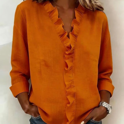Womens Ruffled Long Sleeve Cotton Shirt