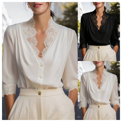 Womens Lace Splicing Three-Quarter Sleeve Blouse Shirt