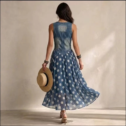 Women's Fashion Casual Printed Faux Denim Polka Dot Dress