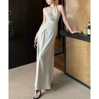 French-style High-end V-neck Halter Dress With A Tie-up Waist-cinching Design