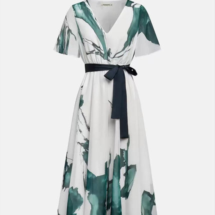 Womens V-Neck Digital Print Drawstring Dress