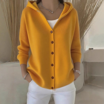 Women's buttoned knitted hooded cardigan