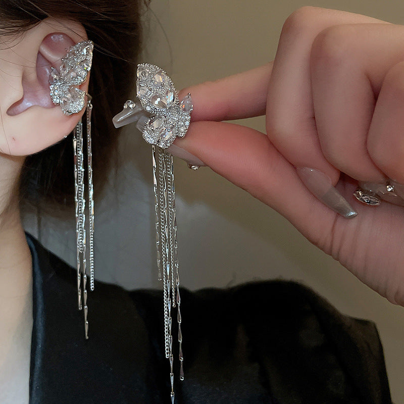 Zircon Star Moon Tassel Clip Earrings
