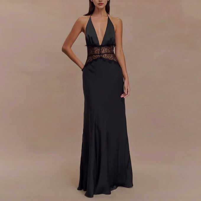 Seamless Halter Deep V-Slit Silk-Smooth Satin Maxi Dress