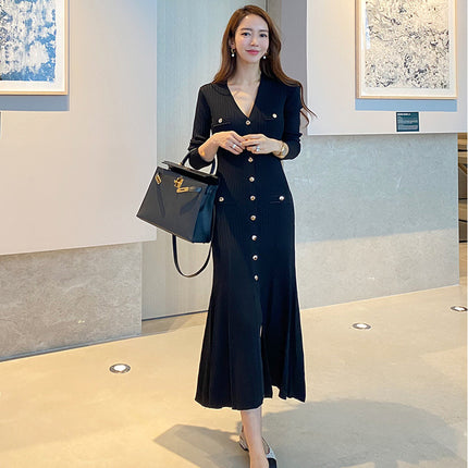 Womens V-Neck Slim-Fit Knit Long Dress
