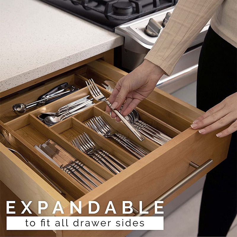 Adjustable Bamboo Kitchen Cutlery Drawer Organizer Tray