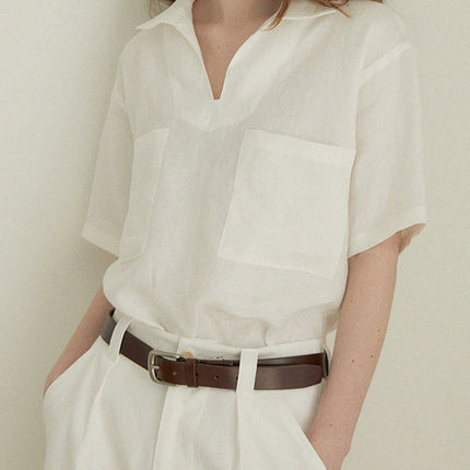 Linen V-Neck Loose Short Sleeve Womens Shirt