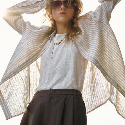 Women's linen check long-sleeved loose-fitting collar shirt