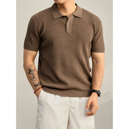 Summer Cooling Knitted Ribbed Texture Polo Shirt for Men with One Button Turn-down Collar