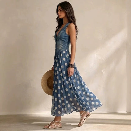Women's Fashion Casual Printed Faux Denim Polka Dot Dress