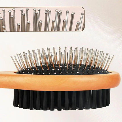 Double-Sided Wooden Pet Grooming Brush with Stainless Steel Pins