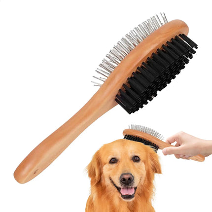 Double-Sided Wooden Pet Grooming Brush with Stainless Steel Pins