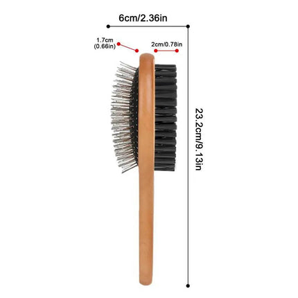 Double-Sided Wooden Pet Grooming Brush with Stainless Steel Pins