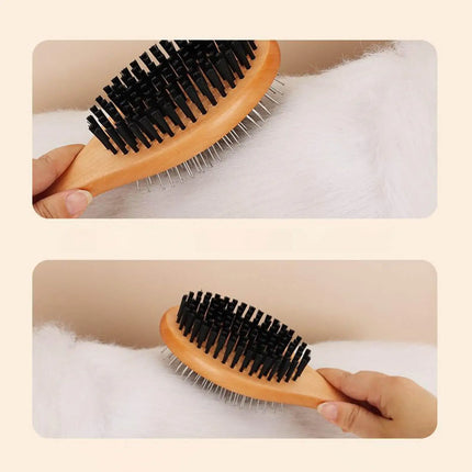 Double-Sided Wooden Pet Grooming Brush with Stainless Steel Pins