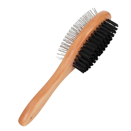 Double-Sided Wooden Pet Grooming Brush with Stainless Steel Pins
