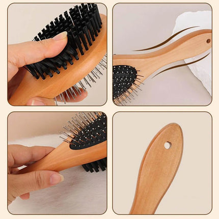 Double-Sided Wooden Pet Grooming Brush with Stainless Steel Pins
