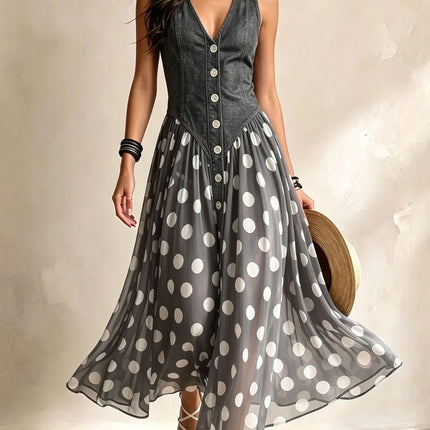 Women's Fashion Casual Printed Faux Denim Polka Dot Dress