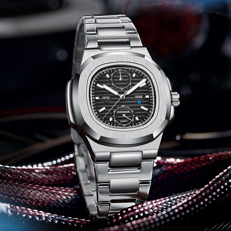 Multifunctional Mens Quartz Watch with Stainless Steel Strap